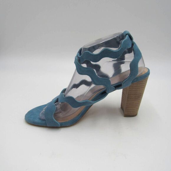 Paige Sage Scallop Suede Block Heel Shoes Sandals - Picture 6 of 9